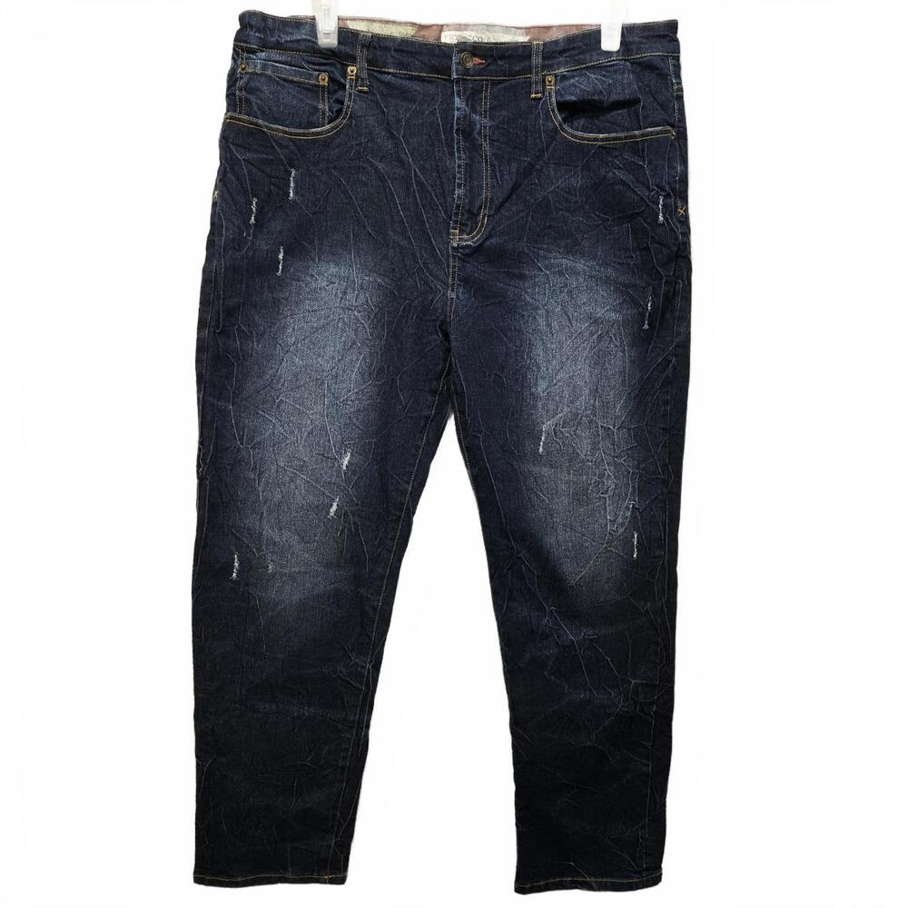 Frye And Co. Men's Straight Leg Dark Wash Distressed Whiskered Jeans Size 38X30